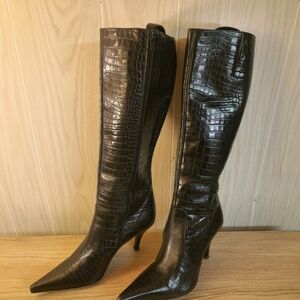 Via Spiga Black Crocodile Pattern Knee-High Leather Boots US 8.5 - 18" Tall!
